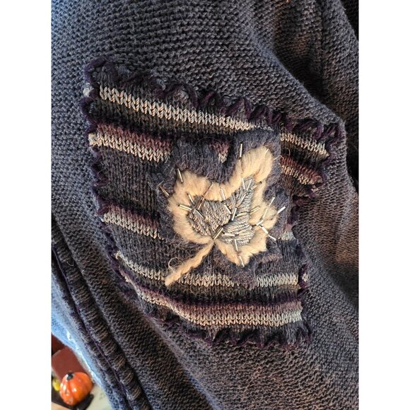 Graver Studio Womens Appliqué Knit Zip Cardigan Sweater Blue Mixed Patterns M - Picture 2 of 8
